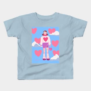 ilustración de chica con corazones y nubes Kids T-Shirt